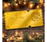 Gold Mirror Acrylic Golden Ticket Spa Weekend Break Christmas Personalised Any Text Voucher | Custom Surprise Reveal Voucher Ticket | Announcement Greeting Card | Note Card