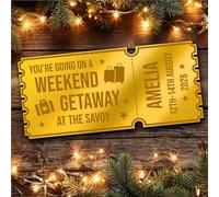 Gold Mirror Acrylic Golden Ticket Weekend Away Getaway Surprise Trip Break Personalised Any Text Voucher Surprise Reveal Voucher Ticket | Announcement Greeting Card | Note Card