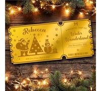 Gold Mirror Acrylic Golden Ticket Winter Wonderland Christmas Trip Personalised Any Text Voucher | Custom Surprise Reveal Voucher Ticket | Announcement Greeting Card | Note Card