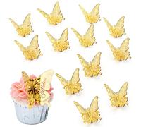 Gold Mirror Butterfly Cake Toppers, 12 Pieces, Happy Birthday Cupcake Decorations, 2.16 x 2.16 inches