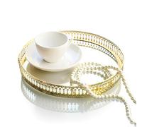 Gold Mirror Tray,25cm Gold Bedroom Perfume Vanity American Style Iron Round Small Decorative Shape Side Makeup Tray for Bathroom Home Coffee Table Decor Countertop Organizer