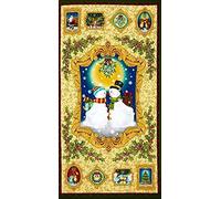 Gold Mistletoe Kissing Snowman 100% Cotton Quilting Fabric Panel Benartex