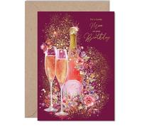 Gold Mom Birthday Card - Sparkling Wine Prosecco - Happy Birthday Card for Mom from Son Daughter, 5x7 Inch Golden Elegant Champagne Bday Greeting Cards