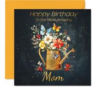 Gold Mom Birthday Card - Watering Can Flowers - Happy Birthday Card for Mom from Son Daughter, 145mm Golden Floral Garden Greeting Cards