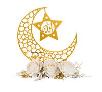 Gold Moon Shaped Plastic Ornament, Elegant Hollow Star Pattern with Vivid Artificial Roses, Lightweight 3.16 oz / 89.7 g Festive Display, for Ramadan Table Decor, Eid Mubarak Decorations for Home