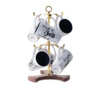Gold Mug Holder Tree for Countertop | 2-Tier Coffee Mug Rack Holds 6 Large Mugs, 5oz to 20oz | Elegant Golden Cup Stand with Solid Wood Base | Kitchen Counter Organizer & Coffee Bar Accessories