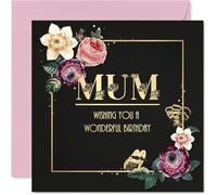 Gold Mum Birthday Card - Floral Butterflies - Happy Birthday Card for Mum from Son Daughter, 145mm Golden Flowers Bday Greeting Cards