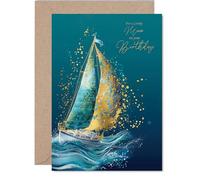 Gold Mum Birthday Card - Ocean Waves Sailboat - Happy Birthday Card for Mum from Son Daughter, A5 Golden Nautical Seaside Maritime Bday Greeting Cards