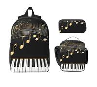 Gold Music Note Backpack Set for Girls Boys with Lunch Bag Pencil Case Piano Keyboard 3 Pieces School Bags Insulated Lunchbox Gifts for Women Men