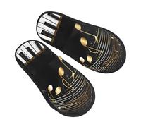 Gold Music Note Slippers for Women Men Piano Keyboard Non-Slip House Slippers Indoor Comfy Fuzzy Footwear Memory Foam Bedroom Travel Shoes L