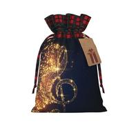 Gold Musical Note With Fallen Shiny Star Christmas Drawstring Linen Gift Bag Paired With Scottish Plaid Fabric, With A Delicate And Simple Texture