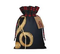 Gold Musical Note With Fallen Shiny Star Print Christmas Drawstring Linen Gift Bags Reusable Fabric Bags With Tags For Christmas Gifts