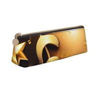 Gold Musical Note with Fallen Shiny Star Print Cosmetics Case Large Capacity Triangle Design Zippered Pen Holder for Writing Tools