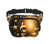 Gold Musical Note with Fallen Shiny Star Print Square Double Layer functionality Waist Bag Unisex Crossbody Pack Travel Workout, Black, One Size