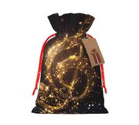 Gold Musical Note with Fallen Shiny Star Printed Christmas Drawstring Bags for Party Xmas Gift Wrapping, Red Christmas Ribbon, S