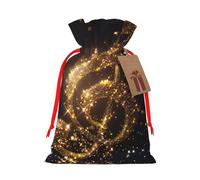 Gold Musical Note with Fallen Shiny Star Printed Christmas Drawstring Bags for Party Xmas Gift Wrapping, Red Ribbon, M