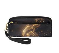 Gold Musical Note with Fallen Shiny Star Printed Leather Makeup Bags with Wrist Strap Portable Travel Toiletry Bag Cosmetic Organizer Bag for Women