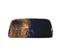 Gold Musical Note with Fallen Shiny Star Printing School Leather Zippered Fountain Ballpoint Rollerball Pens Pouch Pencils Case Holder for Pupil