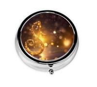 Gold Musical Note with Fallen Shiny Star Round Pill Box - Full Print Design, Metal Electroplated Compact Medicine Case for Travel, Fits Pockets & Wallets