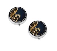 (Gold Musical Note with Fallen Shiny Star) Round Pill Box with 3 Compartment Small Pill Organizer Portable Pill Case Vitamin Containers, Travel Essentials 4.6x4.6x1.8 cm
