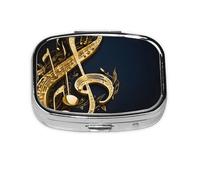 (Gold Musical Note with Fallen Shiny Star) Square Pill Box with 2 Compartment Small Pill Organizer Portable Pill Case Vitamin Containers, Travel Essentials 5.5x4x1.8 cm