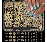 Gold Nail Charms 3D Alloy Circle Nail Gems Shiny Ocean Beach Seashell Leaf Nail Jewels Multi-Shapes Metal Golden Hearts Nail Art Supplies with Tweezer for Women DIY Acrylic Nail 12 Grids 1 Box