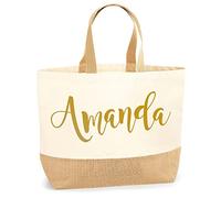 Gold Name Personalised Beach Bag, Womens Shopping Bag Gifts for Her, Custom Multi Purpose Beach Esstentials, Accessory Travel Bags for Girls, Small, Natural