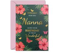 Gold Nana Birthday Card - Butterflies & Flowers - Happy Birthday Card for Nana from Grandson Granddaughter, A5 Golden Butterflies & Flowers Bday Greeting Cards