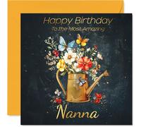 Gold Nana Birthday Card - Watering Can Flowers - Happy Birthday Card for Nana from Grandson Granddaughter, 145mm Golden Floral Garden Greeting Cards