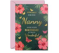 Gold Nanny Birthday Card, Butterflies & Flowers