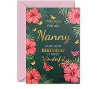 Gold Nanny Birthday Card, Butterflies & Flowers