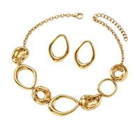 Gold Necklace for Women, Chunky Statement Necklace with Geometric Earrings | Gold necklace and earring set features abstract open oval links and matching studs for bold party, wedding and evening looks