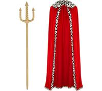 Gold Neptune Poseidon Trident and Red Cloak,Plastic Trident Cosplay Set,Halloween Costume Accessory Props for Men and Women,Adult Size