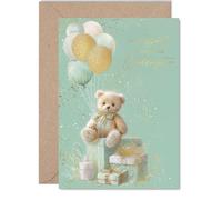 Gold New Baby Unisex Card for Granddaughter - Teddy Bear Gifts Balloons - Well Done Congratulations Card for New Granddaughter, 5x7 Inch Golden Welcome To The World Greeting Cards