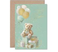 Gold New Baby Unisex Card for Nephew, Teddy Bear Gifts Balloons