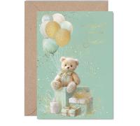 Gold New Baby Unisex Card for Sister - Teddy Bear Gifts Balloons - Well Done Congratulations Card for New Sister, 5x7 Inch Golden Welcome To The World Greeting Cards