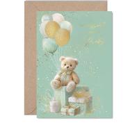 Gold New Baby Unisex Card - Teddy Bear Gifts Balloons - Well Done Congratulations Card for New Family, 5x7 Inch Golden Welcome To The World Greeting Cards