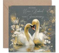 Gold Niece & Husband Anniversary Card - Gold Swans - Happy Anniversary Card for Niece & Husband from Auntie Uncle, 145mm Golden Wedding Anniversaries Greeting Cards