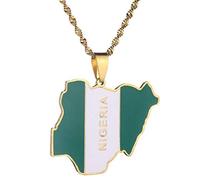Gold Nigeria Flag Map Necklace Pendant & 50cm Chain Green Nigerian African Country 2.9cm x 2.5cm FBA