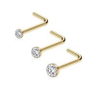 Gold Nose Studs 3pcs Titanium 20G L-Shape Bend With Clear Gem Nostril Piercing 2mm 2.5mm 3mm