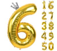 Gold Number 6 Balloon with Crown, 40 inch Gold Number Balloon 6th Birthday Party Decoration Gold Crown Balloons 0-9 for Birthday Party Anniversary Decorations Supplies