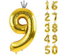 Gold Number 9 Balloon with Crown, 40 inch Gold Number Balloon 9th Birthday Party Decoration Gold Crown Balloons 0-9 for Birthday Party Anniversary Decorations Supplies