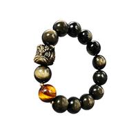 Gold Obsidian Tiger Eye Beaded Bracelet with Pixiu Charm, 12mm | Natural Gemstone Beads, Feng Shui Pixiu Charm, Stretch Elastic Band, Men's Wrist Jewelry, Black & Gold Tone