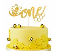 Gold One Bee Cake Topper - First Birthday Bee Cake Topper, Gold Glitter Bumble Bee One Cake Topper for Gender Reveal Baby Shower Party Decorations Supplies, Gold Honey 1st Birthday Topper