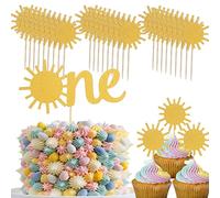 Gold ONE Cake Topper Set -1pcs ONE Cake Topper and 30pcs Gold Sun Cupcake Topper for Baby 1st Take Shower party, Gold Glitter Sunshine Smash Cake Topper, Sun Cupcake Topper for Photo Booth Props