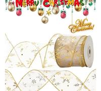 Gold Organza Snowflake Wired Sheer Glitter Ribbon With Spool for Christmas Decoration, Gift Wrapping, Party Decoration (Gold, 9m)