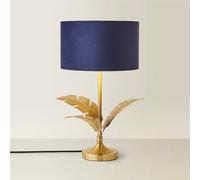 Gold Palm Leaf Table Lamp with Velvet Drum Shade blue