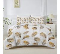 Gold Palm Leaves Double Duvet, Reversible Coverless White Tropical Plants Duvet Double, Anti Allergy Bed Quilt Double 7.5 Tog for All Seasons - 1 Soft Comforter Bedding with 2 Pillowcases - B29