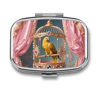 Gold Parrot in Cage Travel Pill Organizer with 2 Compartments, Weekly Pill Case with One Day Mirror, Medication Organizer for Purse, Pocket or Wallet