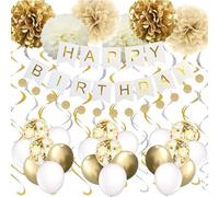 Gold Party Decorations - Happy Birthday Banner, 16th 18th 21th 30th 40th 50th 60th 70th White Supplies Balloons